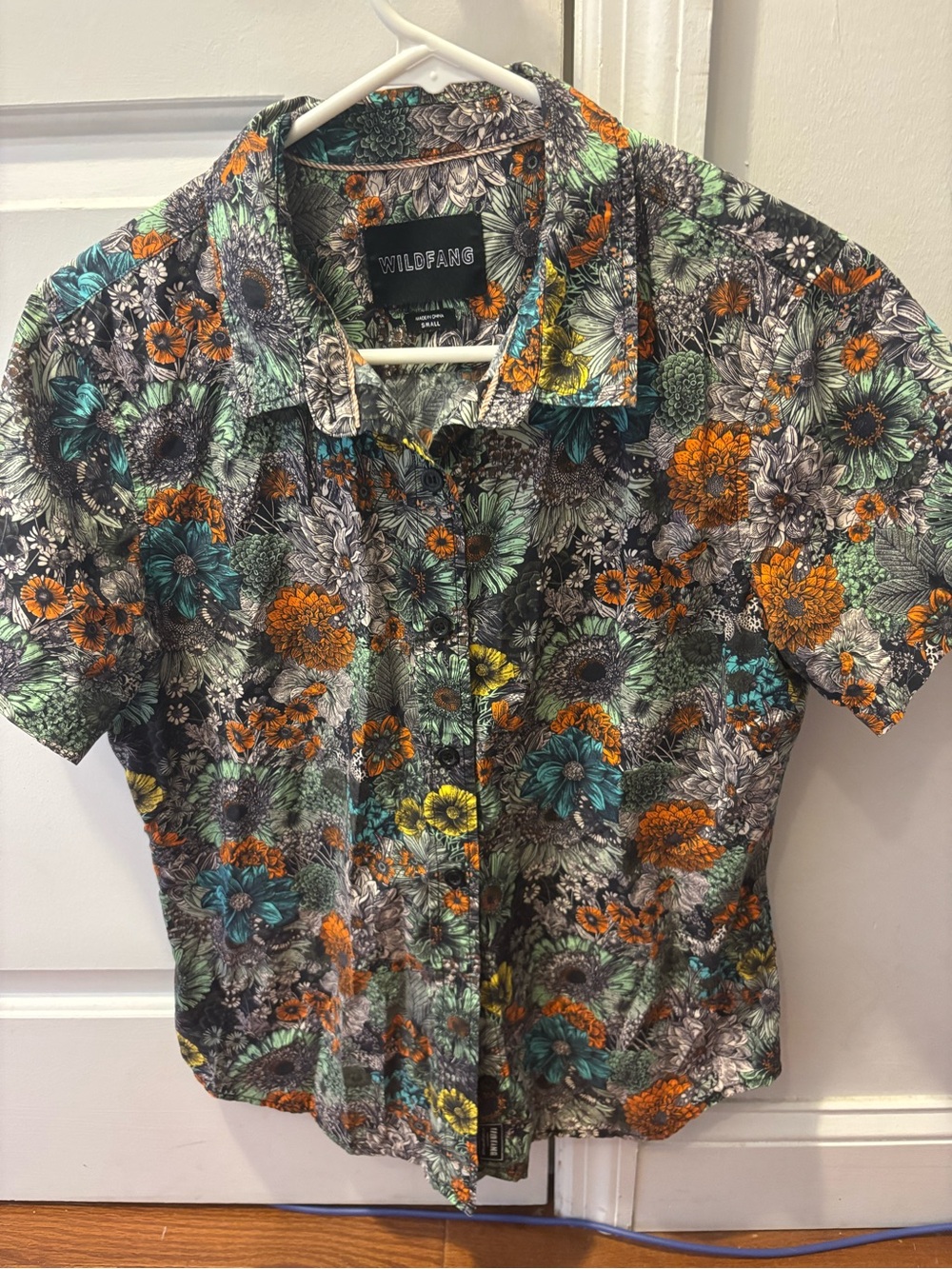 Wildfang Short-Sleeve Floral Button-Up in Teal, Orange & Yellow